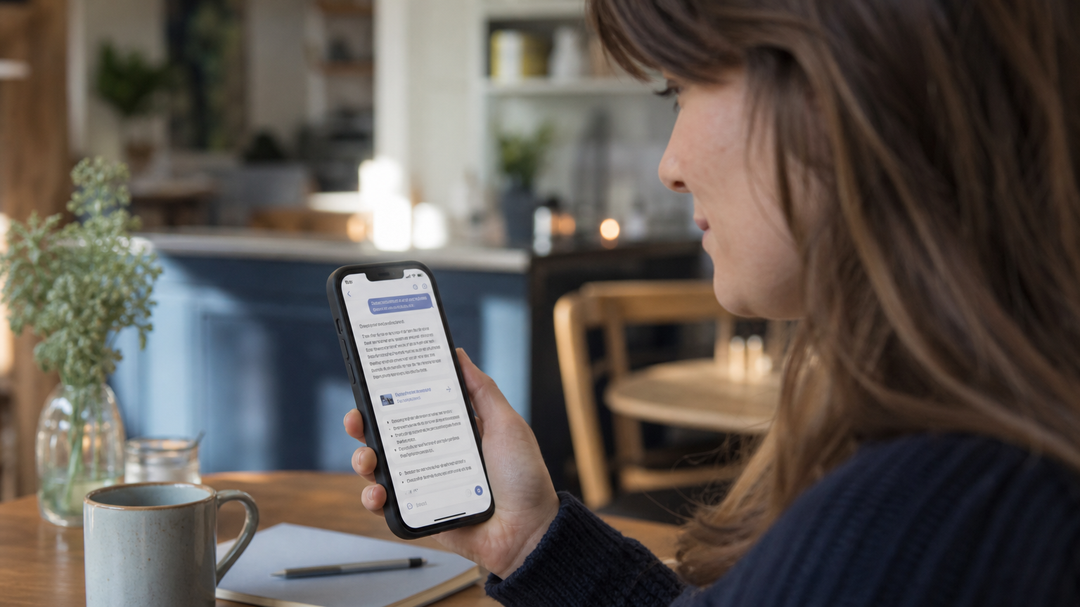 Person sidder i en café og læser en AI-anbefaling af et webbureau i en chatbesked på sin telefon