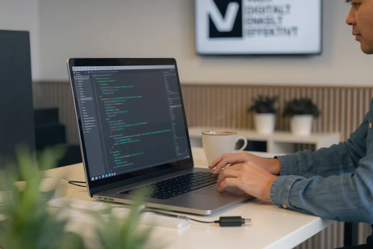 Webudvikler skriver kode på en bærbar computer på Vendix' kontor